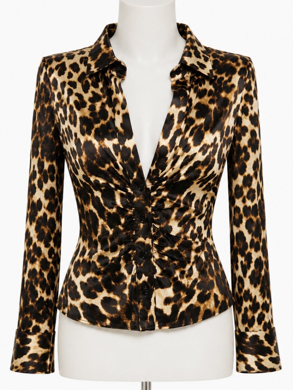ZARA Leopard Print Satin Ruched Front Blouse Brown Black Long Sleeve Size Large - Picture 3 of 6